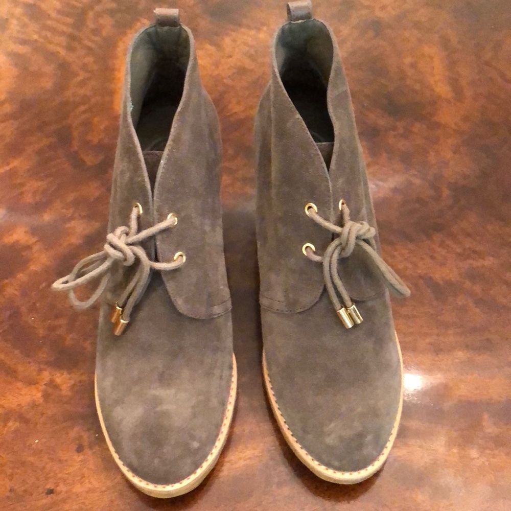 TORY BURCH grey suede wedge lace up booties
